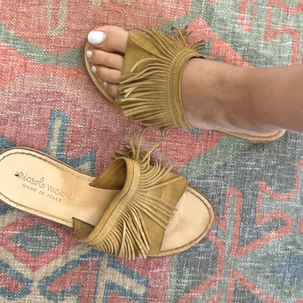 Suede Fringe Italian Slide Sandals - Tan Women Shoes